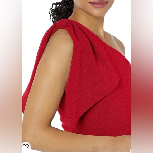 DRESS the POPULATION Tiffany One Shoulder Bow Cocktail Midi Size M Red Bodycon - Picture 4 of 12
